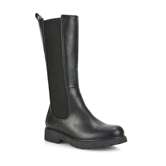 black synthetic leather | XY London | elasticated black boots,chunky biker boots,long black boots,ladies biker boots,black pu boots
