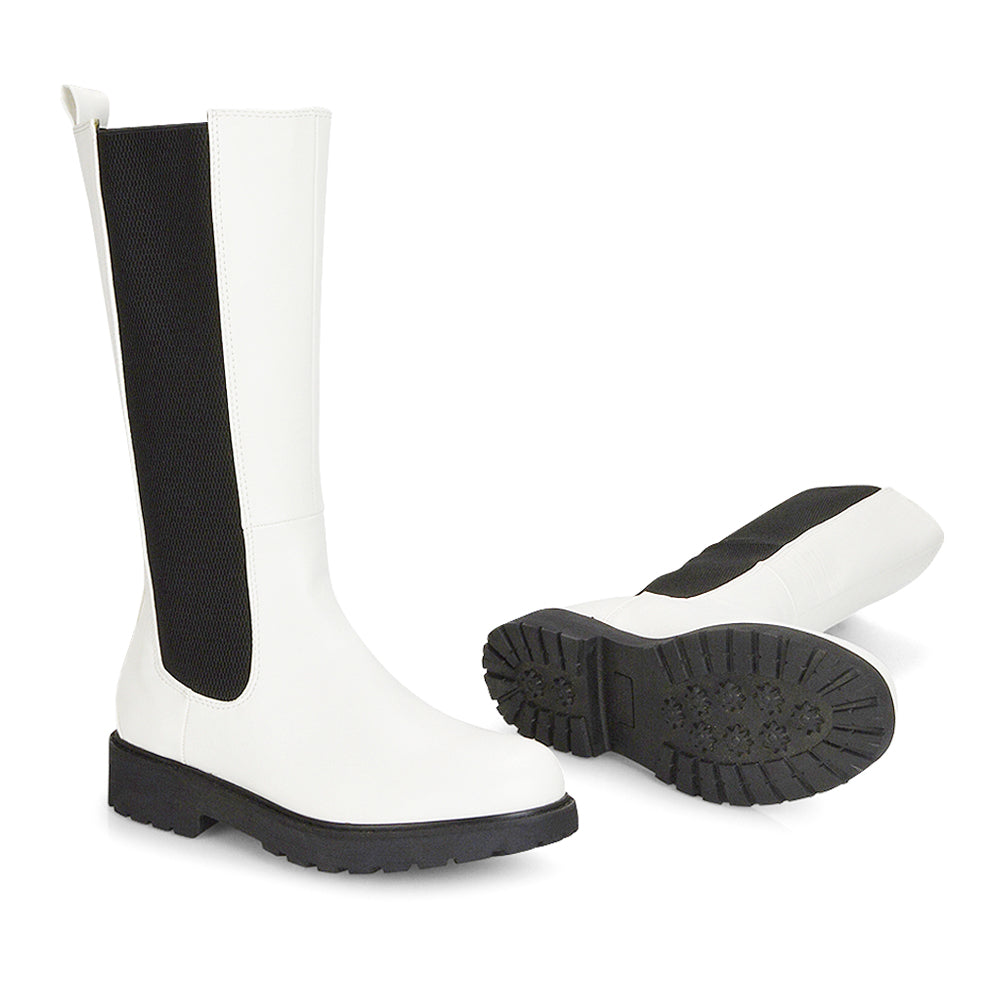 white | XY London | elasticated boots,white pu long boots,A/W 2020,ladies boot online,white biker boots,White Biker Boots