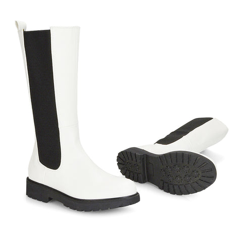 white | XY London | elasticated boots,white pu long boots,A/W 2020,ladies boot online,white biker boots,White Biker Boots
