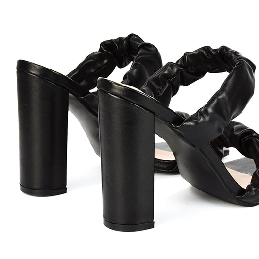  Black Synthetic Leather | XY London | Black Heels,Black Ruched Strap Heels,Black Mules,Black Block Heels,Black Mule Heels