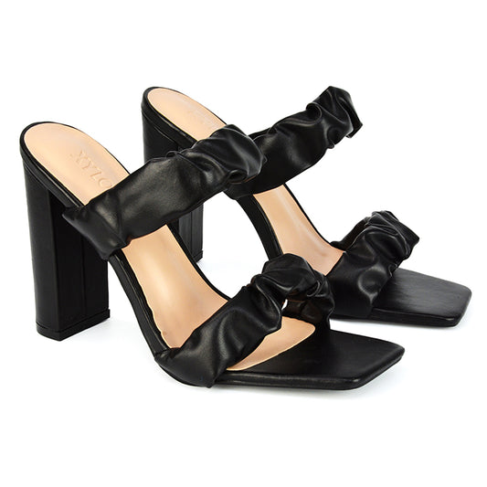  Black Synthetic Leather | XY London | Black Heels,Black Ruched Strap Heels,Black Mules,Black Block Heels,Black Mule Heels