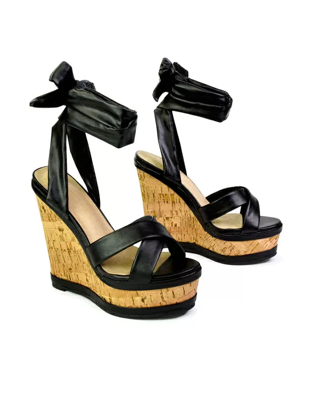 Black tie up wedge heels sale