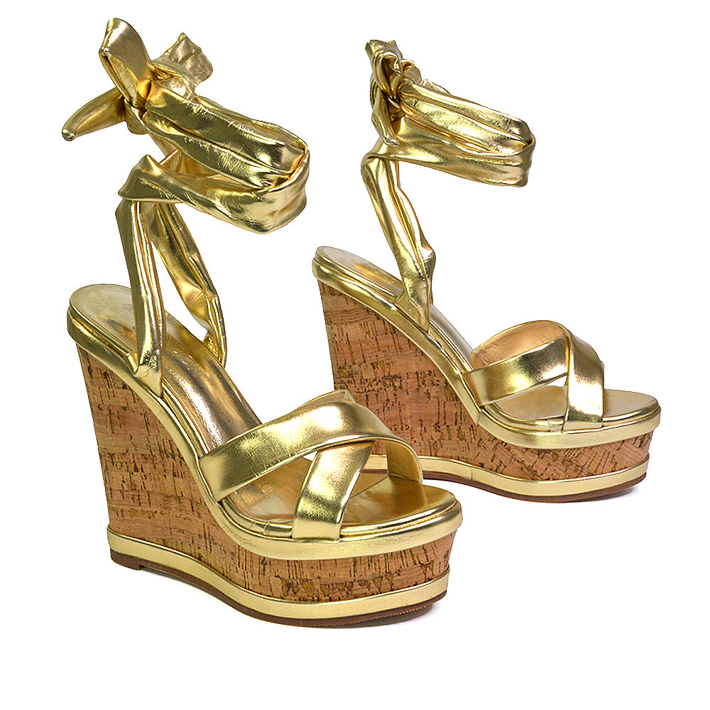 Kammie Lace Up Strappy Cork Wedge Heel Sandals Platform Shoes in Gold Gold UK EU 36 US