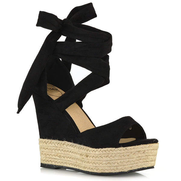 Sansa Strappy Lace Up Woven Effect Platform High Heel Wedge Sandals