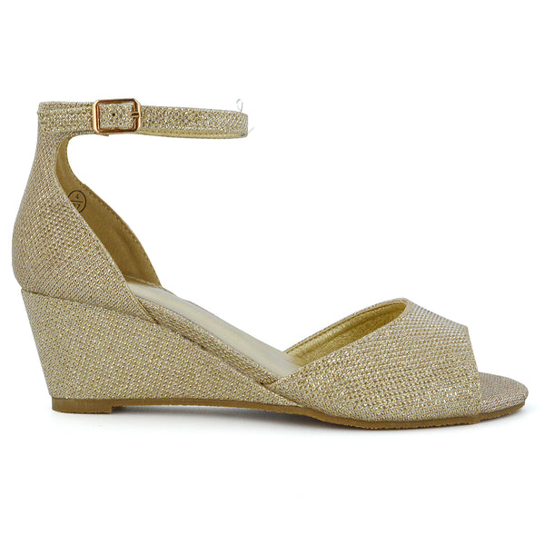 LOTTIE Mid Sandal Wedge Heels Bridal Shoes Buckle Up Ankle Strap Glitter