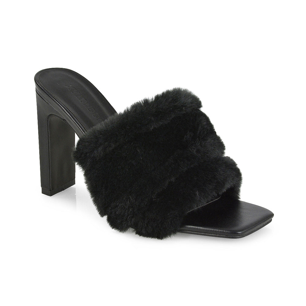 Pink  | XY London | square toe heels,block heels, Pink faux fur front strap ,ladies heels online,pink high heels