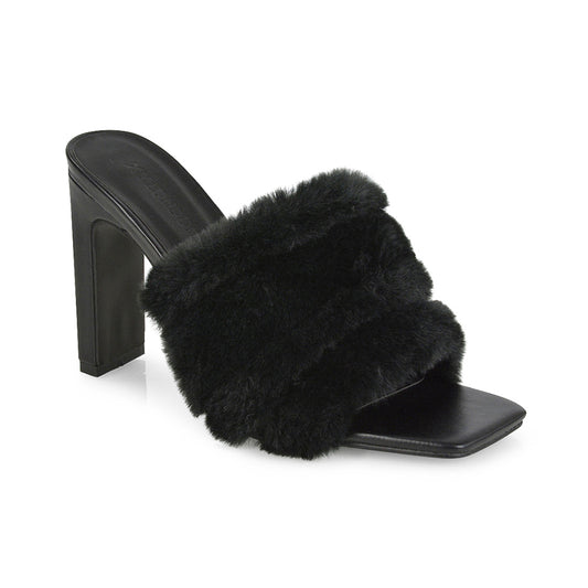 Black | XY London | Black sandal heels,slip on heels,faur fur strap heels,square toe heels,black heels