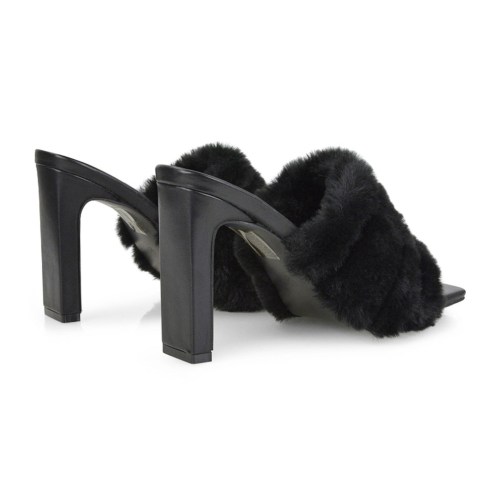 Grey  | XY London | square toe heels,slip on heels,faux fur grey mules,grey heels