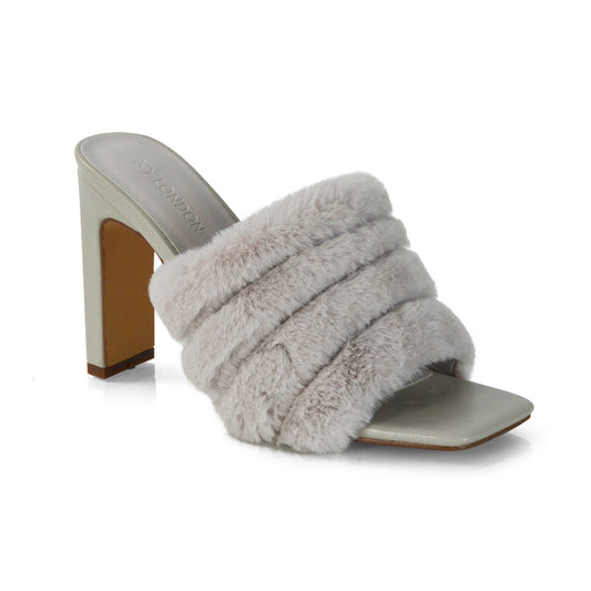 Black | XY London | Black sandal heels,slip on heels,faur fur strap heels,square toe heels,black heels