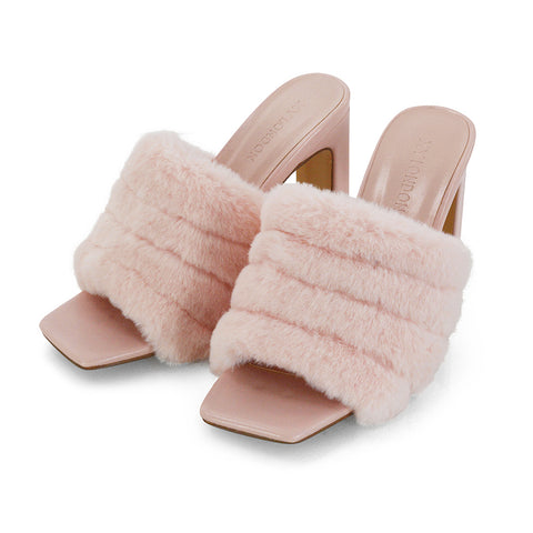 Black | XY London | Black sandal heels,slip on heels,faur fur strap heels,square toe heels,black heels