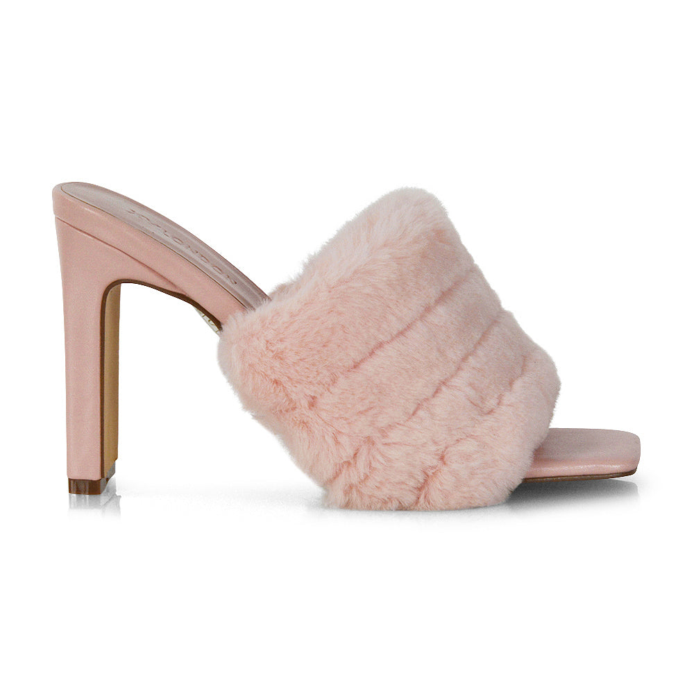Black | XY London | Black sandal heels,slip on heels,faur fur strap heels,square toe heels,black heels
