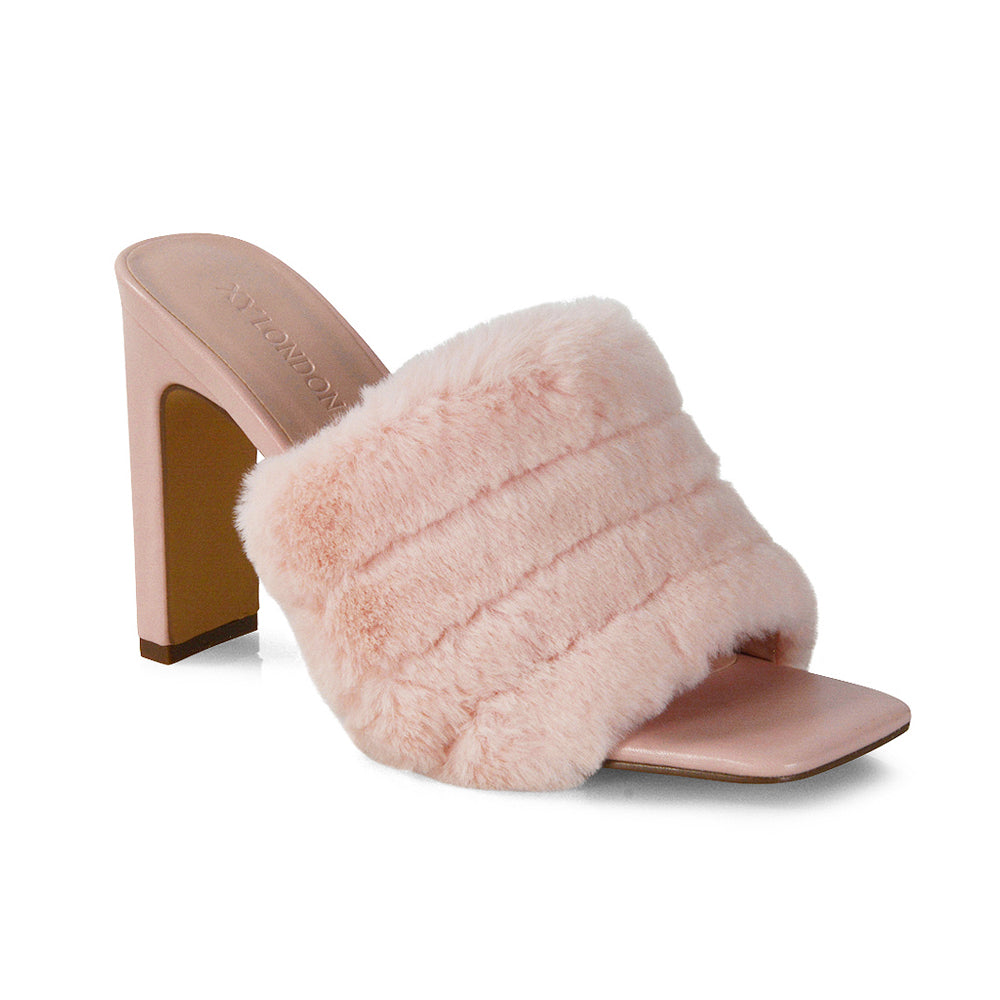 Black | XY London | Black sandal heels,slip on heels,faur fur strap heels,square toe heels,black heels