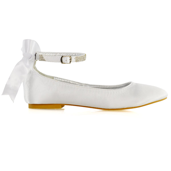 Penelope Bow Detail Diamante Strappy Bridal Wedding Flat Ballerina Bridal Shoes Satin