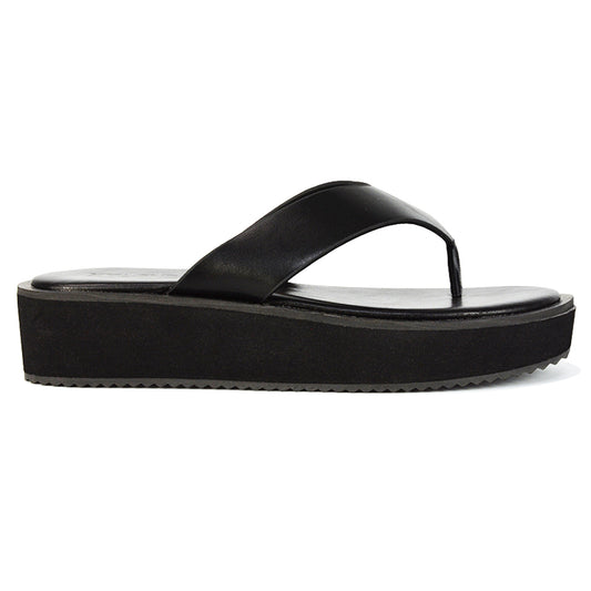 Black Synthetic Leather| XY London | Black Sliders,Black Flatforms,Black Toe Post Sandals,Black Platform Sandals