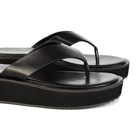 Black Synthetic Leather| XY London | Black Sliders,Black Flatforms,Black Toe Post Sandals,Black Platform Sandals