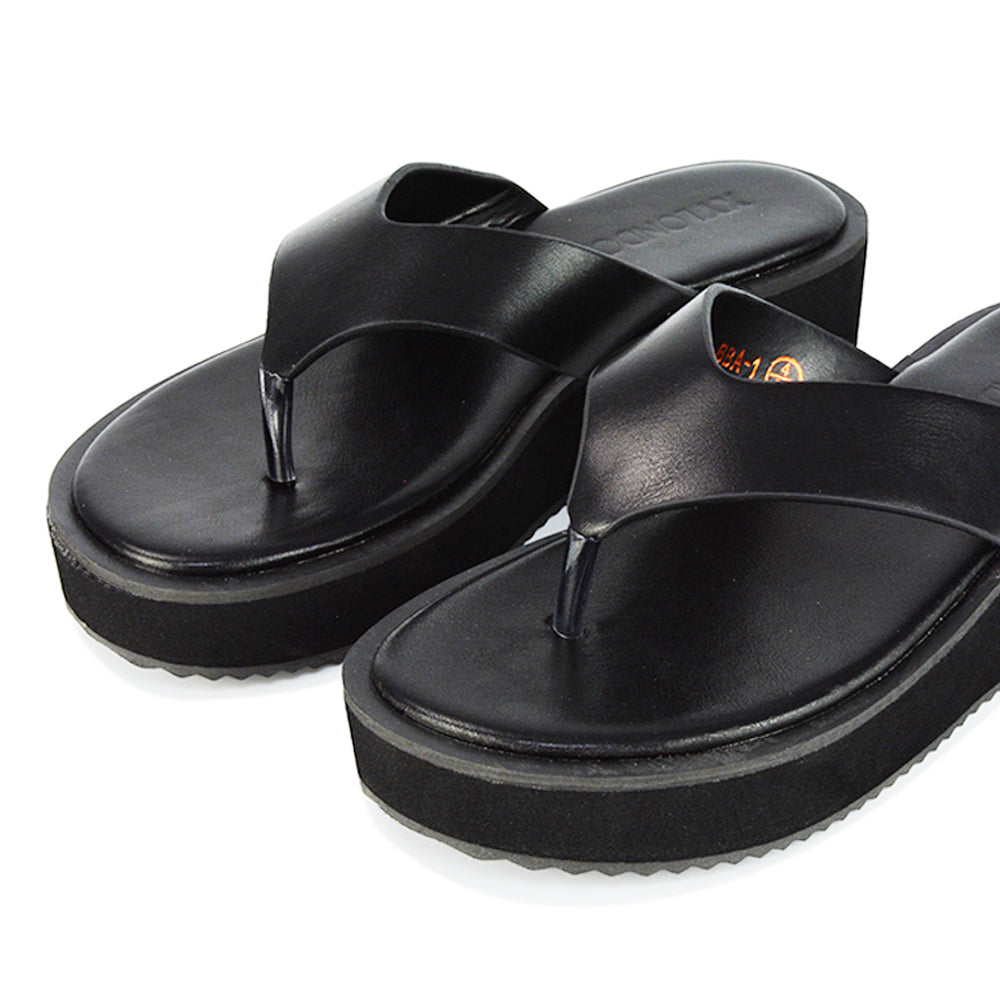 Black Synthetic Leather| XY London | Black Sliders,Black Flatforms,Black Toe Post Sandals,Black Platform Sandals