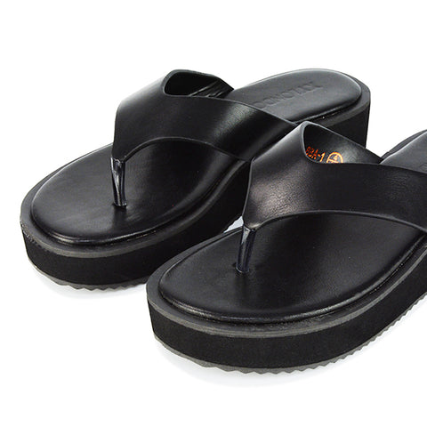 Black Synthetic Leather| XY London | Black Sliders,Black Flatforms,Black Toe Post Sandals,Black Platform Sandals