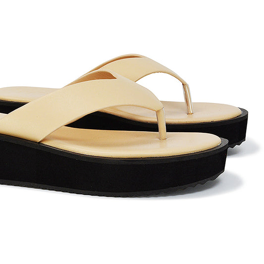 Nude  Synthetic Leather | XY London | Nude Sliders,Nude Flatforms,Nude Toe Post Sandals,Nude Platform Sandals