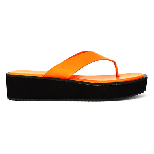 Orange Synthetic Leather  | XY London | Orange Sliders,Orange Flatforms,Orange Toe Post Sandals,Orange Platform Sandals