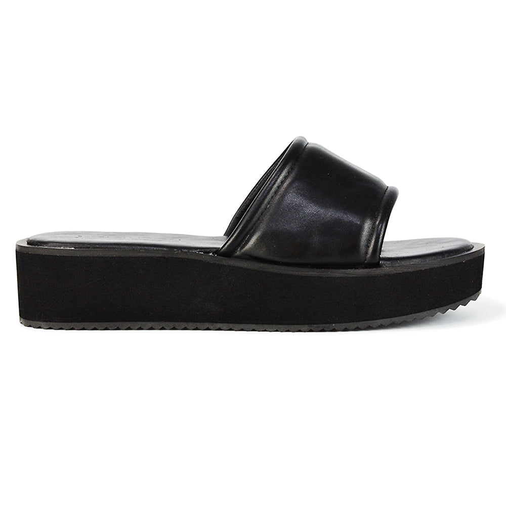Black Synthetic Leather | XY London | Black Flatform Sandals,Black Sliders,Black Slides,Black Flatforms