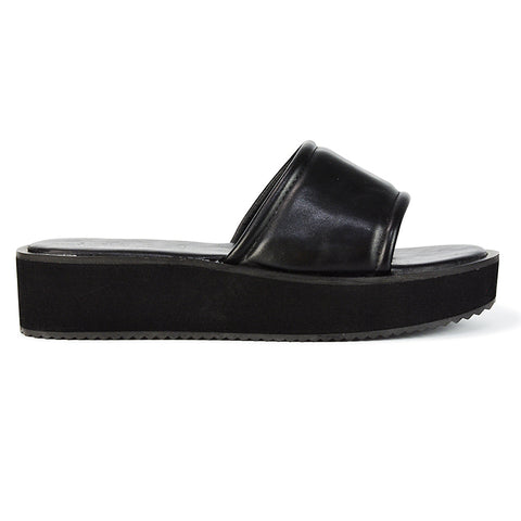 Black Synthetic Leather | XY London | Black Flatform Sandals,Black Sliders,Black Slides,Black Flatforms