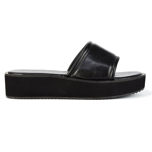 Black Synthetic Leather | XY London | Black Flatform Sandals,Black Sliders,Black Slides,Black Flatforms