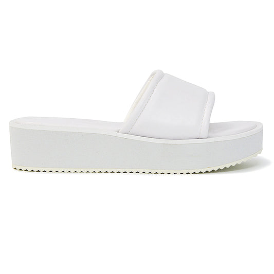 White synthetic leather| XY London | White Flatform Sandals,White Sliders,White Slides,White Flatforms