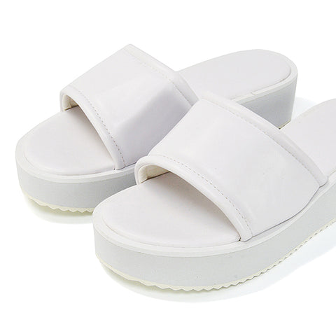 White synthetic leather| XY London | White Flatform Sandals,White Sliders,White Slides,White Flatforms