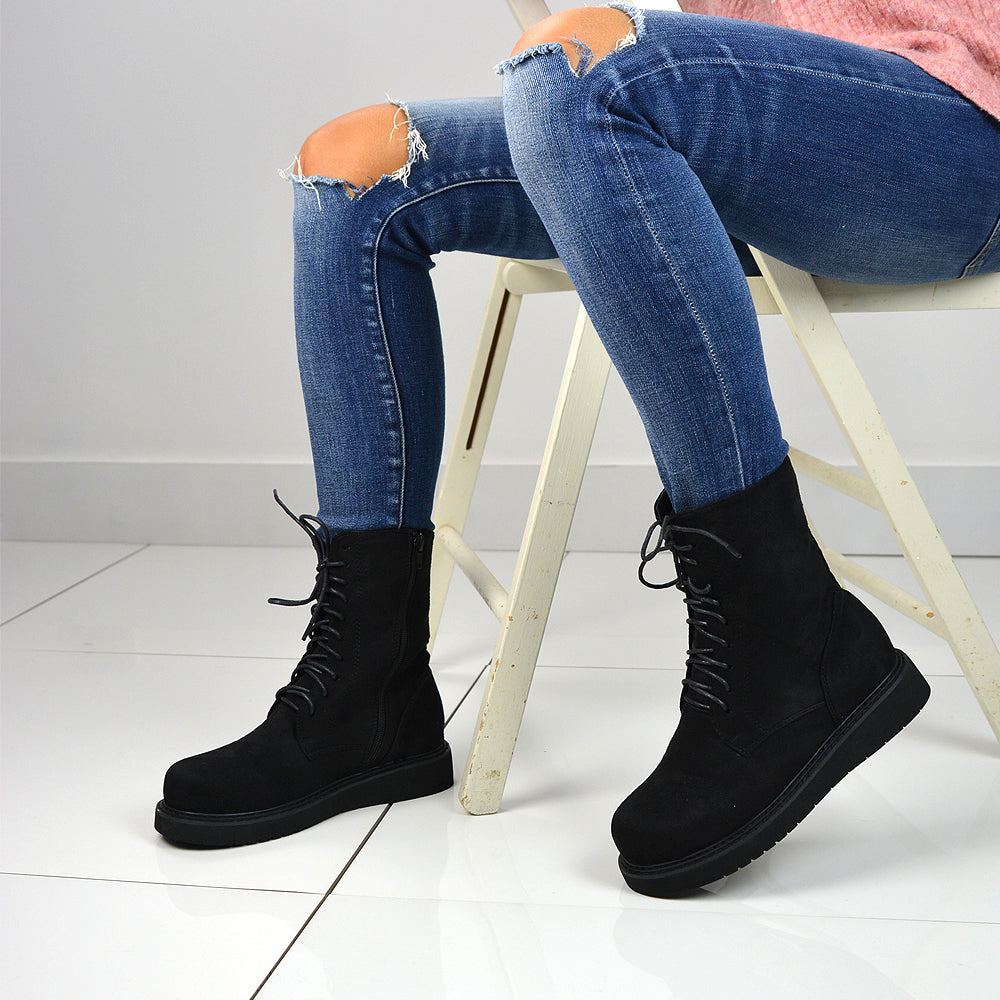 Black| XY London | ankle boots,black faux suede boots,lace up boots,ladies boots,black faux suede boots