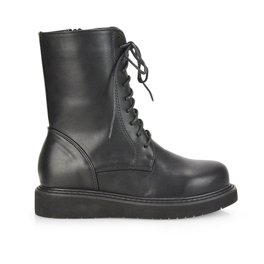 Black synthetic leather| XY London | womens boots online,black pu boots online,lace up boots,ladies boots,biker boots