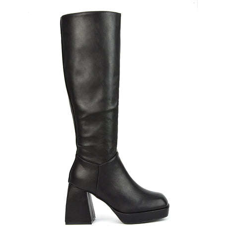 Black Synthetic Leather | XY London | Black Boots,Black Knee High Boots,Black Long Boots,Black Heeled Boots,Black Square Toe Boots,Black High Heel Boots