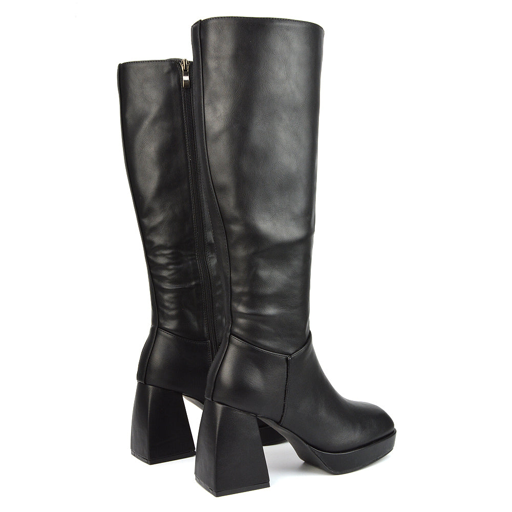 Black Synthetic Leather | XY London | Black Boots,Black Knee High Boots,Black Long Boots,Black Heeled Boots,Black Square Toe Boots,Black High Heel Boots