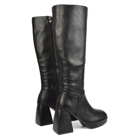 Black Synthetic Leather | XY London | Black Boots,Black Knee High Boots,Black Long Boots,Black Heeled Boots,Black Square Toe Boots,Black High Heel Boots