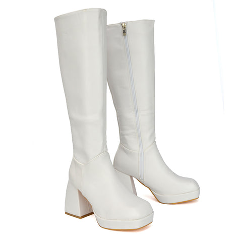 White| XY London | White Boots,White Heeled Boots,White High Heel Boots,White Long Boots,White High Heel Knee High Boots,White Square Toe Boots