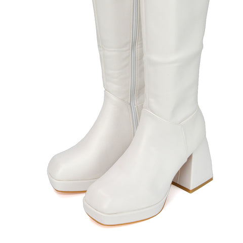 White| XY London | White Boots,White Heeled Boots,White High Heel Boots,White Long Boots,White High Heel Knee High Boots,White Square Toe Boots