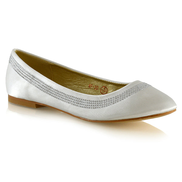 GEORGIE POINTED TOE SLIP ON FLAT DIAMANTE BALLET BALLERINA PUMP SHOES SATIN