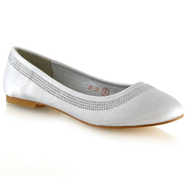 GEORGIE POINTED TOE SLIP ON FLAT DIAMANTE BALLET BALLERINA PUMP SHOES SATIN