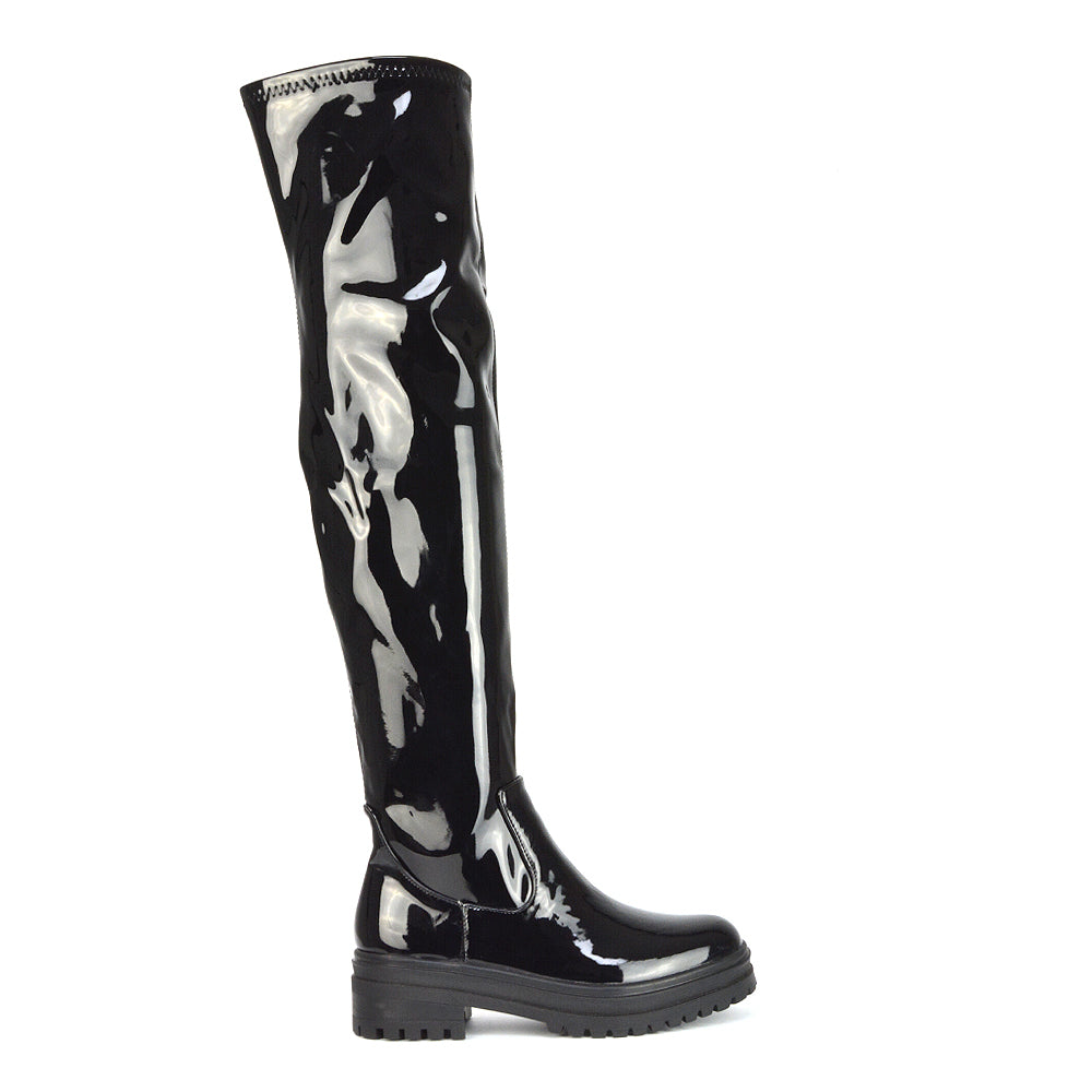 Black patent| XY London | Black Boots,Black Boots for Women, Womens Black Boots, Black Knee High Boots,Black Flat Boots