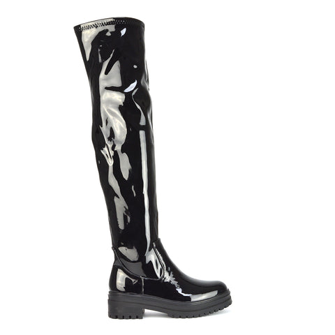 Black patent| XY London | Black Boots,Black Boots for Women, Womens Black Boots, Black Knee High Boots,Black Flat Boots