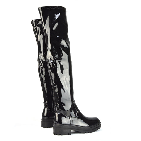 Black patent| XY London | Black Boots,Black Boots for Women, Womens Black Boots, Black Knee High Boots,Black Flat Boots