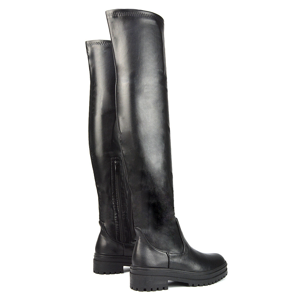Black Synthetic Leather  | XY London | Black Over The Knee Boots,Black Boots, Black Long Boots, Black Flat Boots,Black Thigh High Boots,Black Chunky Boots