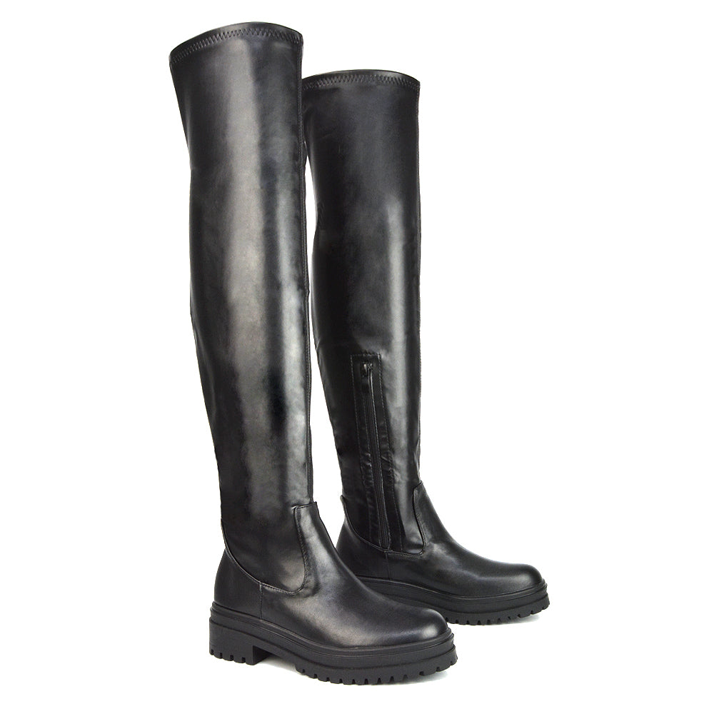 Beige Synthetic Leather | XY London | Beige Over the Knee Boots,Beige Boots, Beige Long Boots, beige flat boots,beige thigh high boots,beige chunky boots