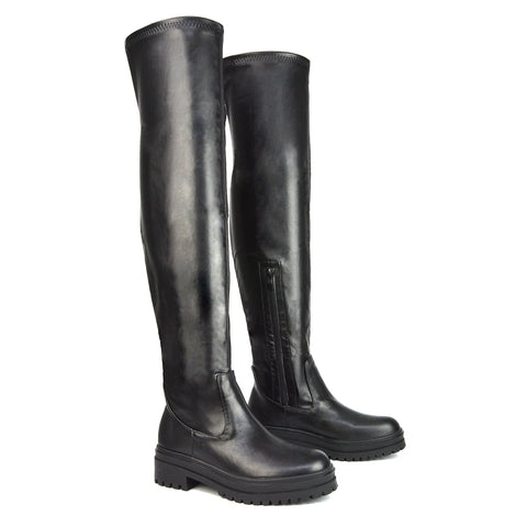 Beige Synthetic Leather | XY London | Beige Over the Knee Boots,Beige Boots, Beige Long Boots, beige flat boots,beige thigh high boots,beige chunky boots
