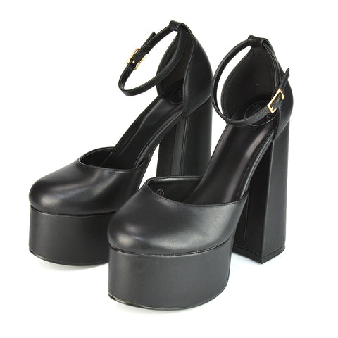 Black Synthetic Leather | XY London | Black synthetic leather heels,black chunky heels,high platform heels,womens super high heels in black