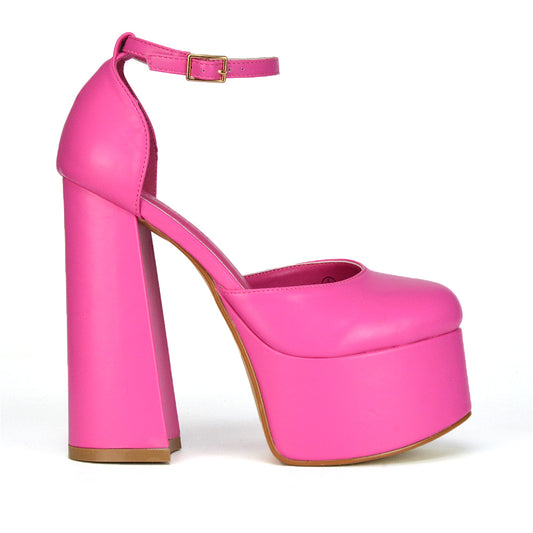 Pink | XY London | pink synthetic leather heels,ladies fuchsia heels,chunky platform high heels,high block heels