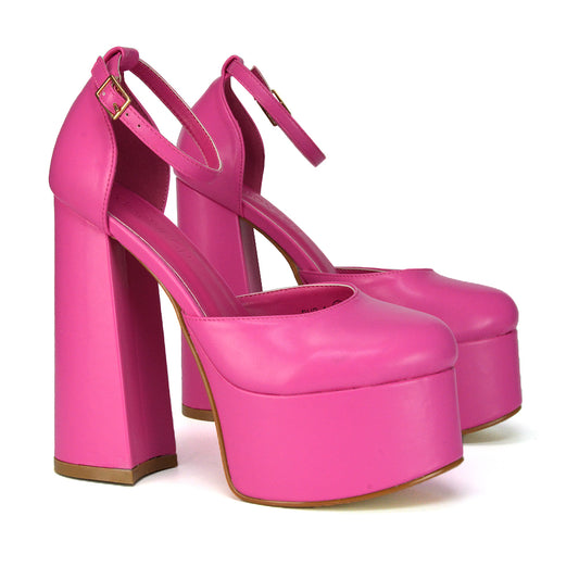 Pink | XY London | pink synthetic leather heels,ladies fuchsia heels,chunky platform high heels,high block heels