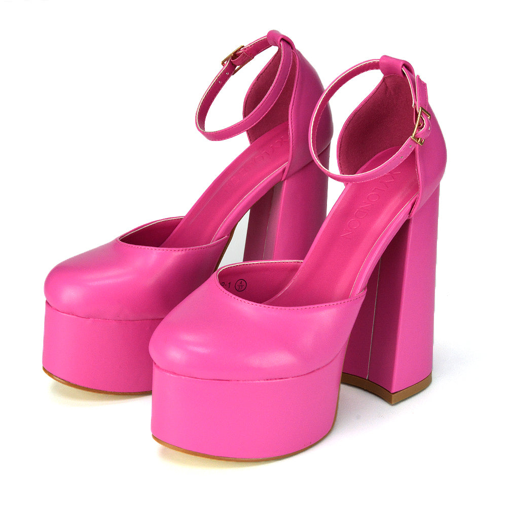 Pink | XY London | pink synthetic leather heels,ladies fuchsia heels,chunky platform high heels,high block heels