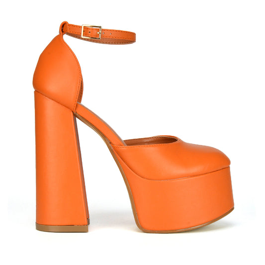  | XY London | orange synthetic leather heels,ladies orange high heels,close toe chunky platform heels ,womens super high heels in orange