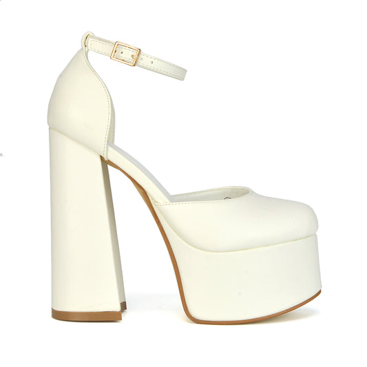 White | XY London | white synthetic leather heels,ladies white chunky high heels,closed toe high heels,chunky block heel platform heels in white