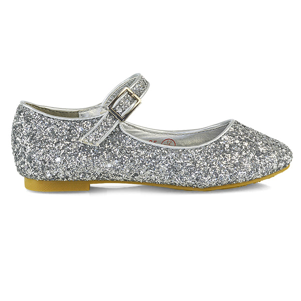 Lucy Flat Buckle Strap Sparkly Diamante Ballerina Pumps Bridal Shoes Glitter
